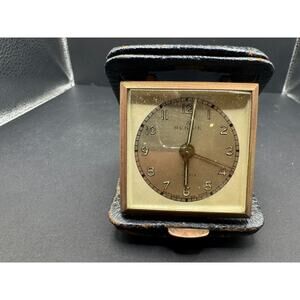 Vintage Rensie Germany Travel Alarm Clock 7 Jewels Genuine Leather Case
